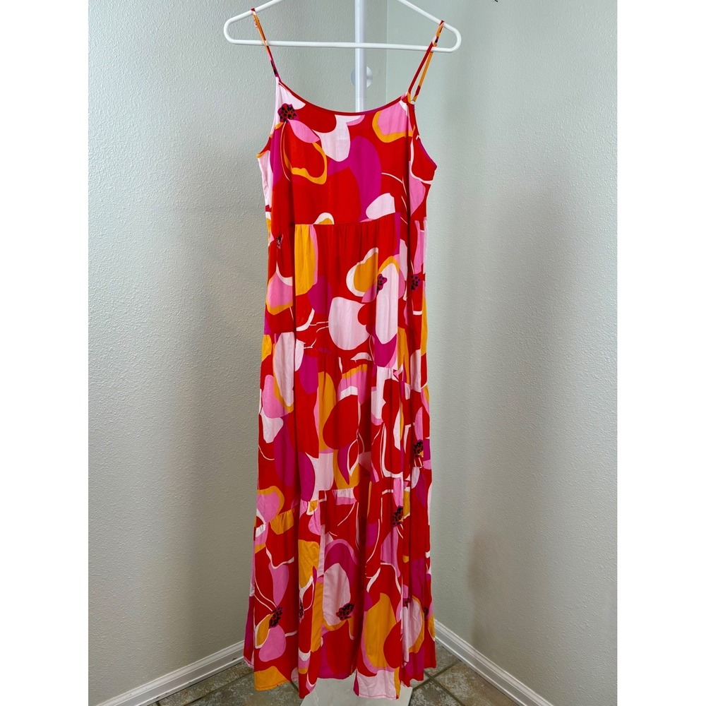 Anrabess Womens Floral Tiered Maxi Dress Pink Orange Red Boho Rayon Size S‎